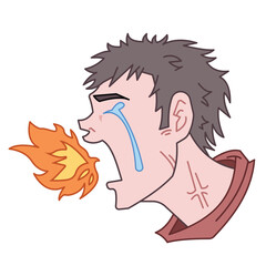 Emotional man angry crying and shouting with fire coming out from mouth illustration. Cartoon art styled drawing isolated on square background.