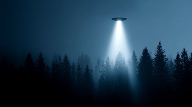 Ufo hovering over pine forest at night with mysterious light beam