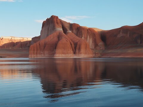 Red rock formations reflected in calm blue water under a clear sky at sunset sandstone cliffs