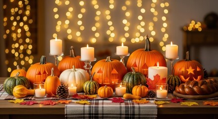 Illuminated Halloween Pumpkins and Gourds Arranged on a Table with Festive Lights