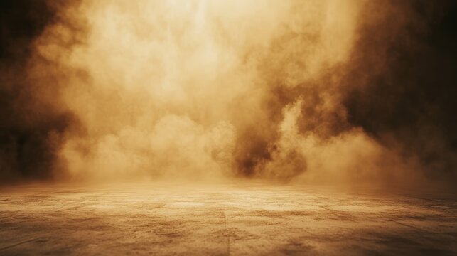 Surreal desert landscape with golden sandstorm and dramatic sky