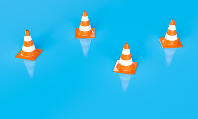 3d orange traffic cones on blue background