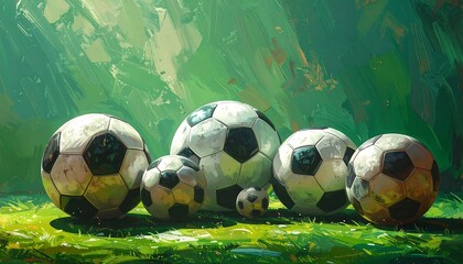 A collection of weathered soccer balls rests on vibrant green grass, bathed in dappled sunlight, showcasing a style reminiscent of impressionist paintings.