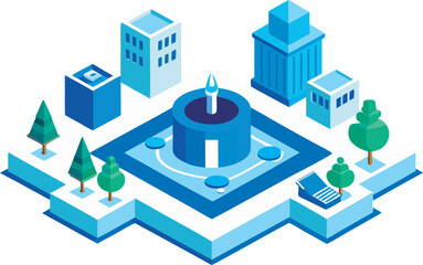 Isometric city center illustration with buildings and streets