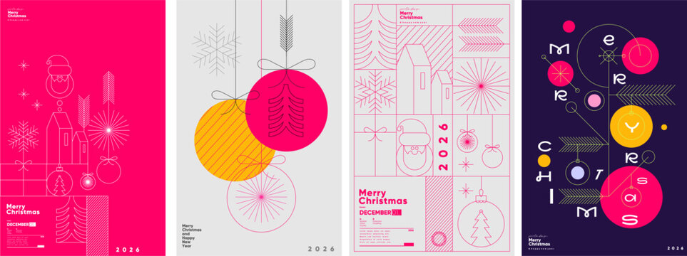 A vibrant collection of modern Christmas posters featuring minimalist line art designs. Each poster showcases festive elements like Santa, snowflakes, and ornaments in bold colors