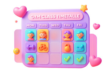 Vibrant gym class timetable with cartoon-style people and fitness icons, isolated on white background, concept of organized sport planning. Ai generative