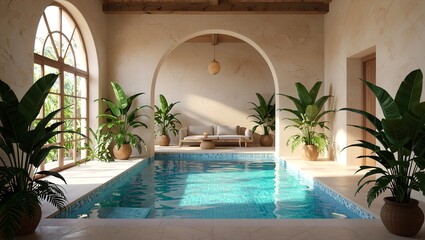 A surreal 3D rendering of a pool inside a room with a large archway and tropical plants