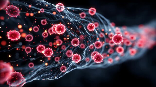 Microscopic view of cortisol, stress hormone molecule, flowing in bloodstream with dynamic red blood cell movement