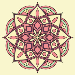 Vector art of pink and yellow mandala with geometric pattern, isolated on light background