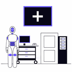 Obraz premium Vector art of robot, computer, and medical equipment in a room