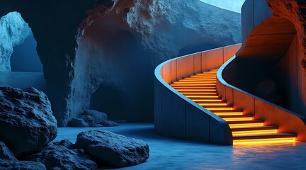 A realistic image of a spiral staircase made of stone walls, illuminated by lights that cast an orange glow