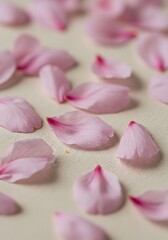 Scattered pink petals, likely from a cherry blossom or similar flower, are arranged on a textured, light-colored surface.