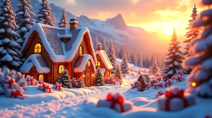 A captivating photo of a Gingerbread Village at sunset in a snowy landscape, The scene should be depicted in a realistic style