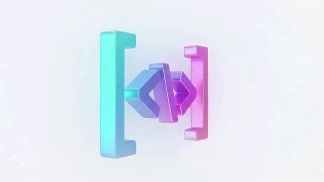 This vibrant 3D render showcases an HTML tag, represented by colorful, stylized brackets and 3d animation video angle brackets.