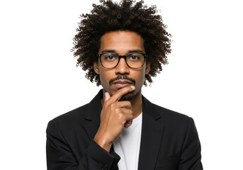 Thoughtful man with glasses and afro wearing a jacket in medium shot portrait transparent background