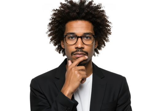 Thoughtful man with glasses and afro wearing a jacket in medium shot portrait transparent background