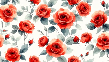 エレガントな赤バラの水彩フローラルパターン｜背景・テキスタイル用Elegant Watercolor Red Roses Floral Pattern | Background & Textile Design