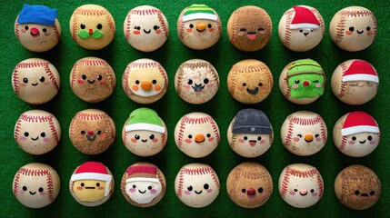 Obraz premium Adorable Hand-Painted Baseballs with Fun Holiday Faces and Hats