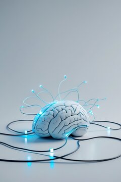 professional photo of a minimalist flat illustration of a brain with intricate details and subtle shading connected to tangled glowing wires resembling neural circuits that emit a soft blue light symb