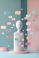 professional photo of a minimalist vertical 9:16 flat illustration of a faceless figure with simplified features surrounded by numerous floating notifications in various pastel colors set against a so