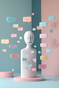 professional photo of a minimalist vertical 9:16 flat illustration of a faceless figure with simplified features surrounded by numerous floating notifications in various pastel colors set against a so