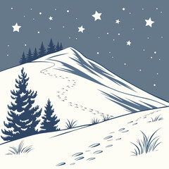 A solitary path of animal footprints winds up a snow covered mountain under a starry night sky