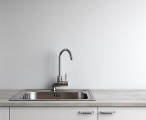 Modern stainless steel kitchen sink and faucet against a clean white wall.