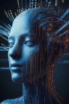 professional photo of abstract digital art depicting a human head comprised of swirling binary code streams in a mesmerizing dance of 1s and 0s symbolizing the overload of artificial intelligence set