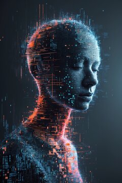 professional photo of abstract surreal digital art depicting a person-shaped silhouette with intricate details dissolving into distorted data glitches and fragmented pixels in a mesmerizing pattern sy