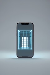 professional photograph of a minimalist digital poster featuring a smartphone with a design resembling a prison cell its screen and edges glowing faintly with a soft blue light set against a vast empt