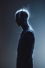 professional photograph of a surreal artwork featuring a human silhouette deteriorating into static noise symbolizing digital identity crisis set against a vertical 9:16 dark minimalist background wit