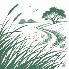 Stylized illustration of a winding path through a grassy field with a solitary tree and birds in the sky