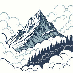 Majestic snow capped mountain peak emerges from soft clouds above a dark pine forest