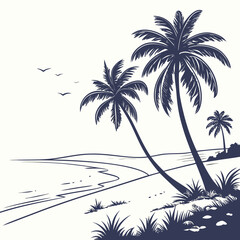 Stylized silhouette of tropical palm trees swaying on a sandy beach with gentle waves and flying birds