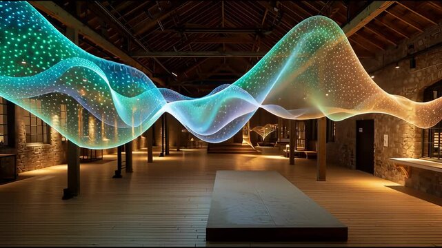 Futuristic light art installation, an abstract glowing wave sculpture flowing with colorful light inside modern gallery - Powered by Adobe