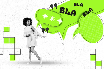 Obraz na płótnie Canvas Trendy art creative image photo collage of happy hipster girl dance blah bla letters communication concept chatterbox speech