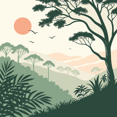 Serene savanna landscape at sunrise with silhouetted acacia trees and rolling hills under a warm sun