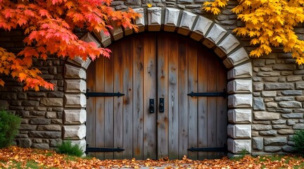 A rustic barn door at the bottom of a stone wall in autumn foliage, The door has a weathered look