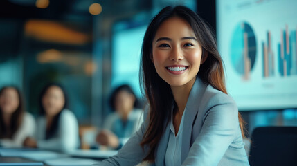 Smiling Asian businesswoman presenting data on screen to colleagues in conference room