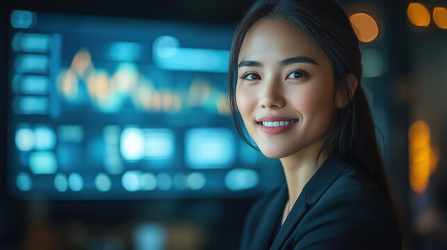 Smiling Asian businesswoman presenting data on screen to colleagues in conference room