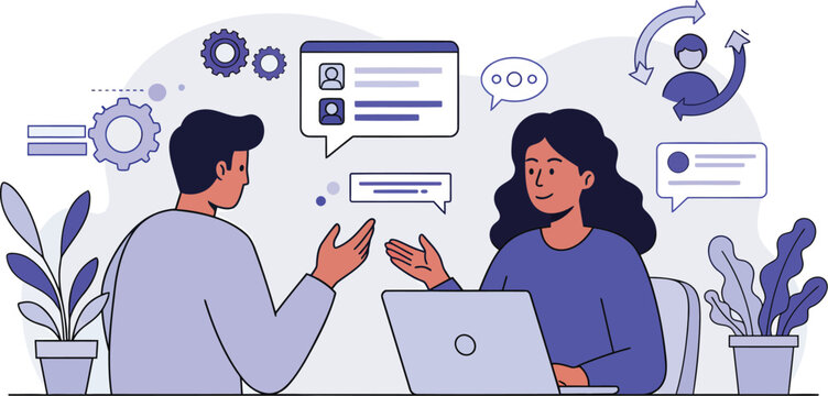 Two people collaborating on a project at a desk