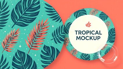 A circular mockup featuring a tropical leaf design on a teal and coral background