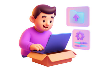 Cartoon character using laptop from box with floating tech icons, colorful abstract style on white background, concept of technology. Ai generative
