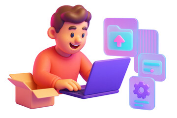 Cartoon boy typing on laptop with colorful digital interface icons, isolated on white background. Concept of technology and user interface. Ai generative