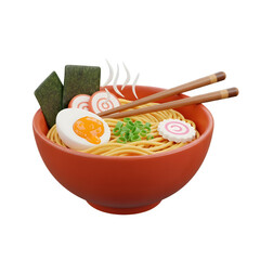 Delicious ramen bowl with egg, seaweed, and fish cake isolated on transparent background, 3d ramen bowl