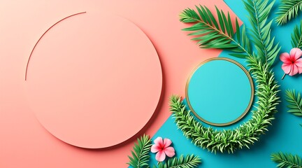 A circular mockup featuring a tropical leaf design on a teal and coral background