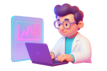 Cartoon scientist character using laptop with glowing graph display, isolated on white background, symbolizing data analysis and digital technology. Ai generative