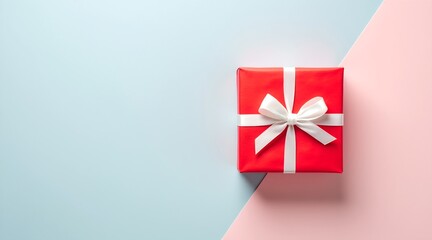 A red gift box adorned with a white bow sits atop a pastel colored surface