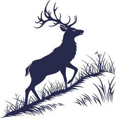 Deer Silhouette Standing with Large Antlers Vector, Standing Deer Silhouette Vector, Minimal Deer Outline, Wildlife Deer Vector