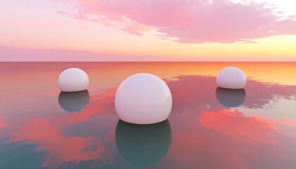 Three white spheres on a calm, sunset sea